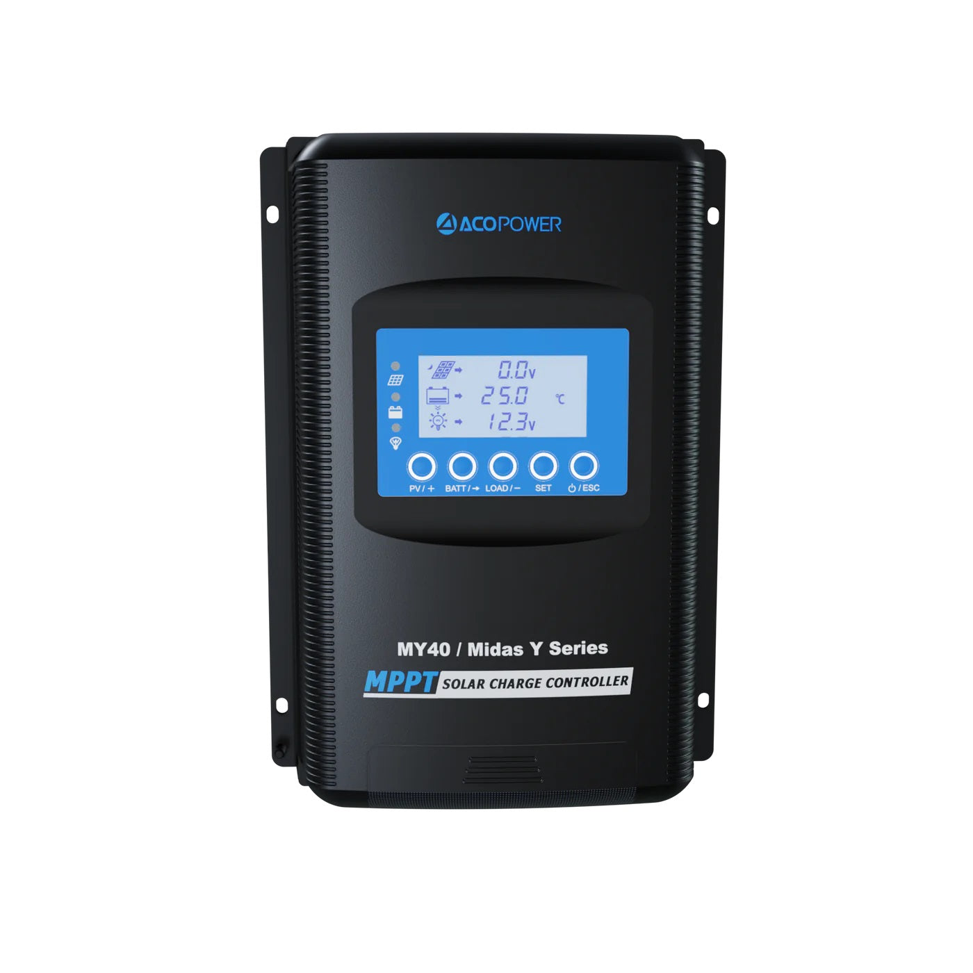 ACOPOWER Midas 40A MPPT Negative Ground Solar Panel Charge Controller LCD Display Front View