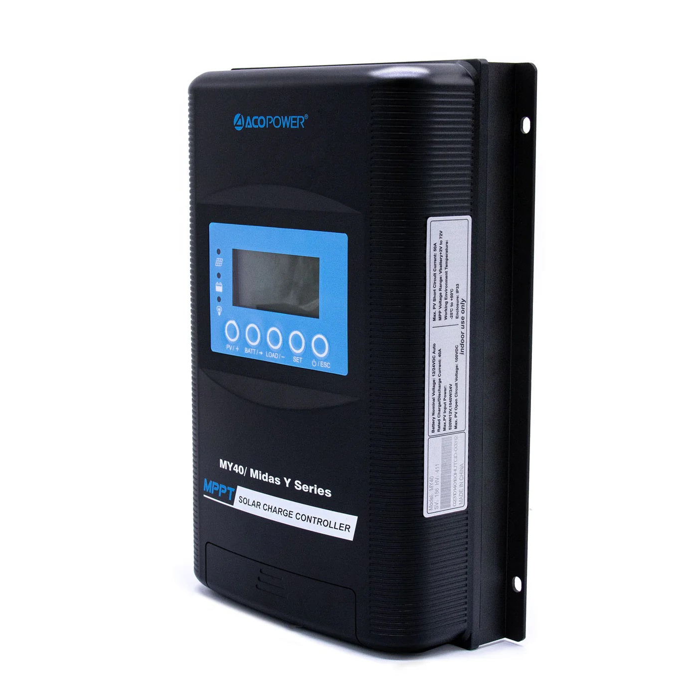 ACOPOWER Midas 40A MPPT Negative Ground Solar Panel Charge Controller LCD Display Model Info Side View