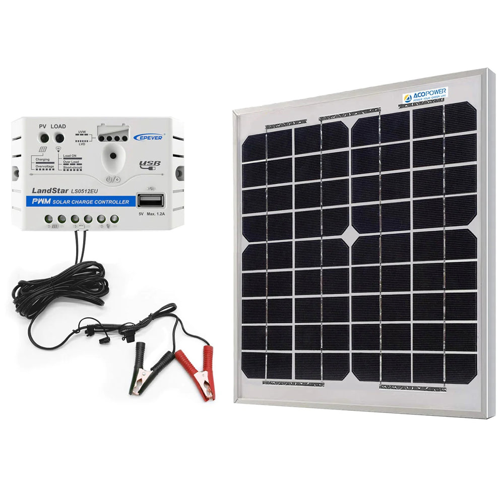 ACOPower 10W 12V Solar Charger Kit, 5A Charge Controller with Alligator Clips