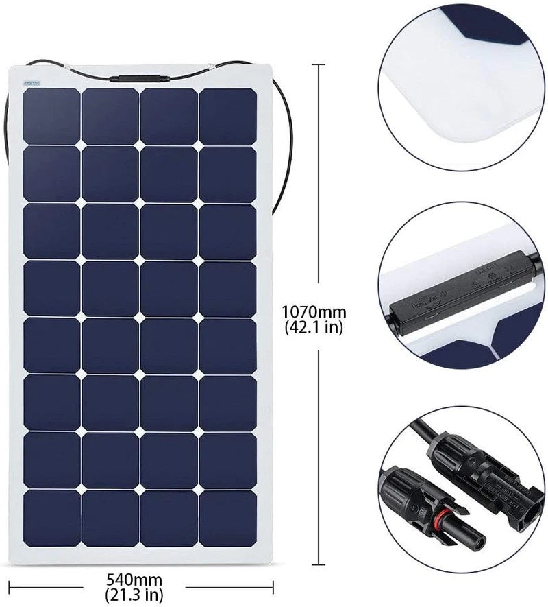 ACOPower 110w 12v Flexible Thin lightweight ETFE Solar Panel with Connector Size And Components