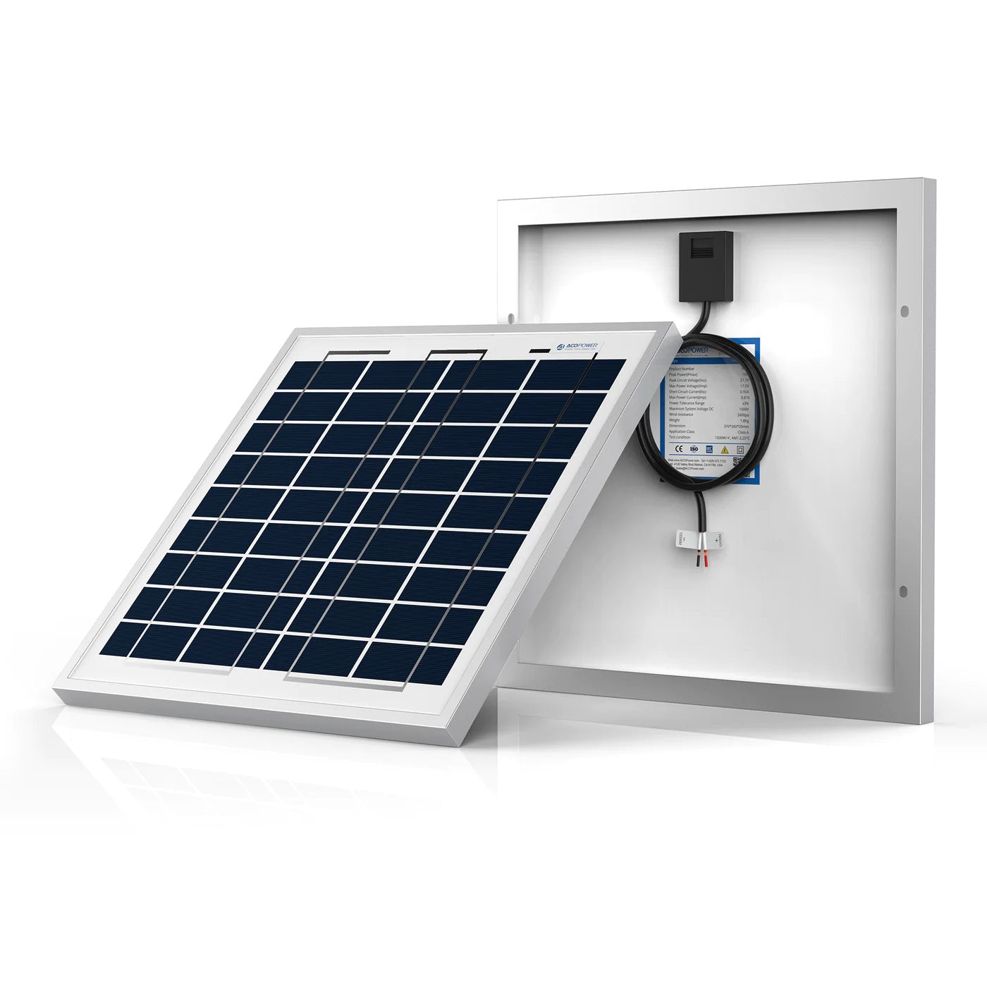 ACOPower 15W Polycrystalline Solar Panel for 12 Volt Battery Charging Front And Back View