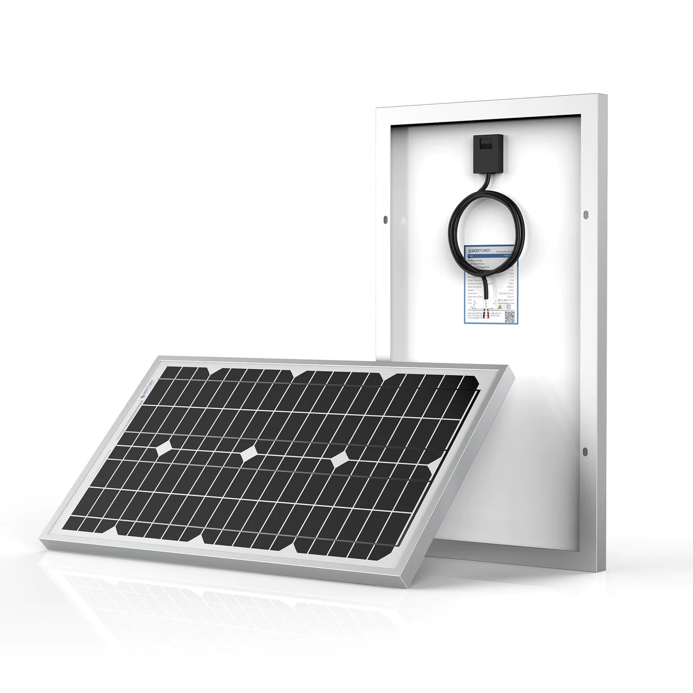 ACOPower 30W Mono Solar Panel for 12 Volt Battery Charging Front And Back View