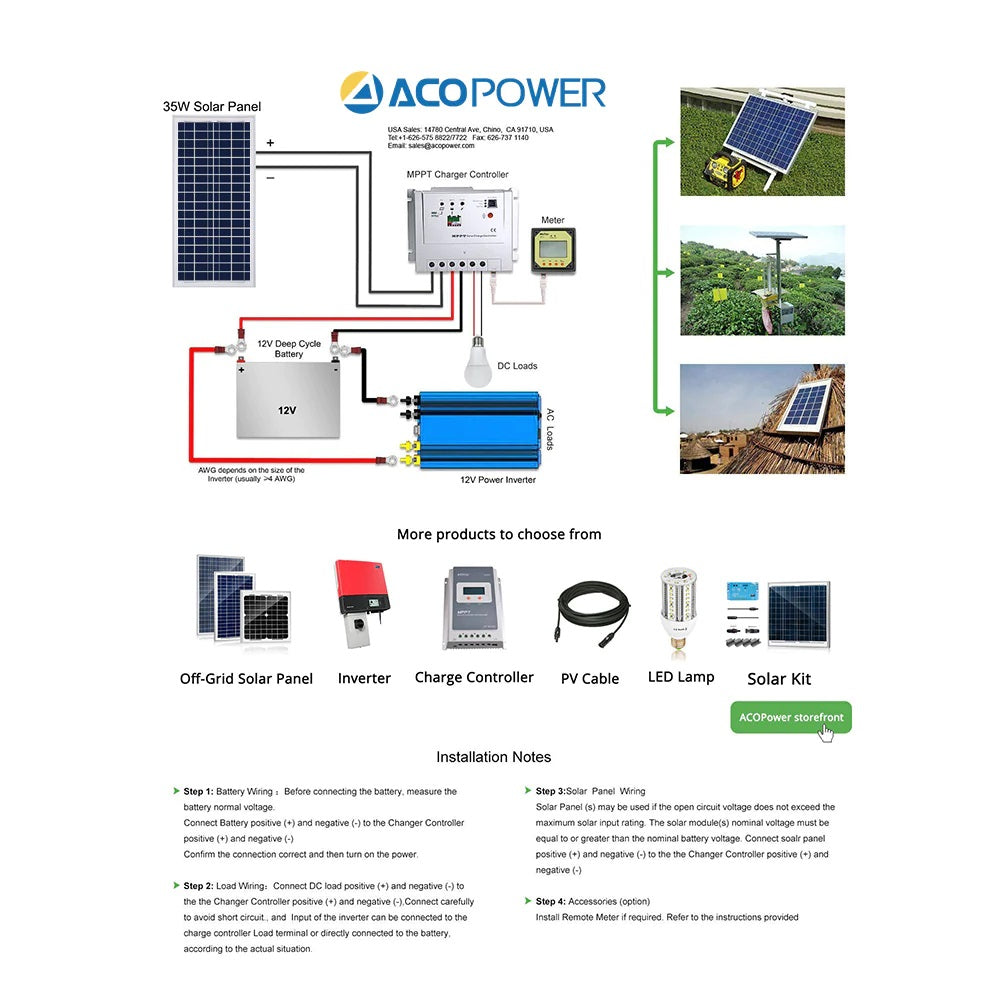 ACOPower 35 Watts Polycrystalline Solar Panel Module for 12 Volt Battery Charging Wiring Diagram And Installation Notes