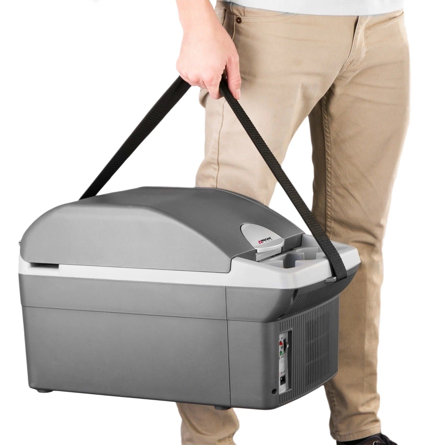 A Man Carrying Wagan Tech 14 Liter Personal Fridge Or Warmer