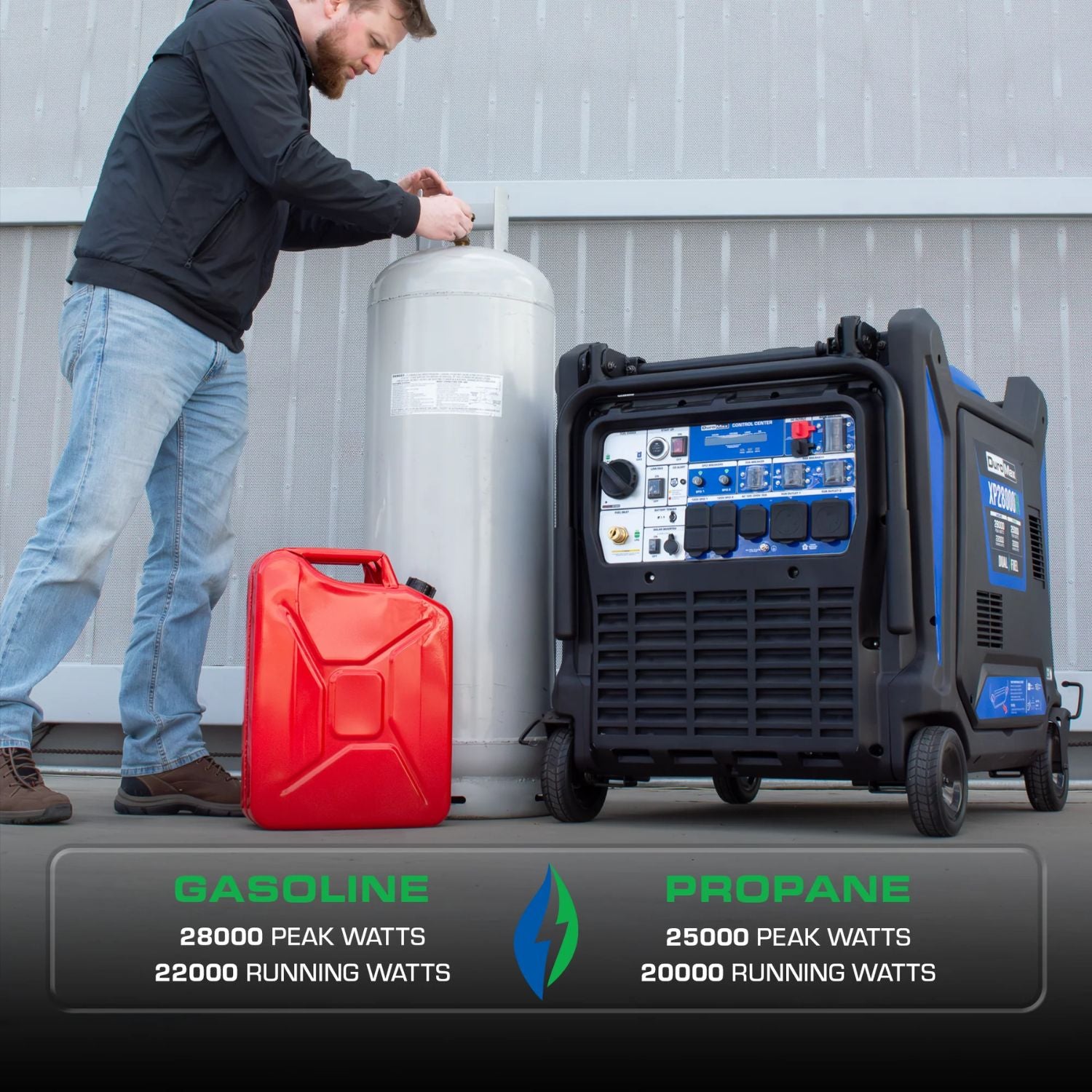 A man beside DuroMax XP28000iH Dual Fuel 28000W/22000W Portable Inverter Generator 