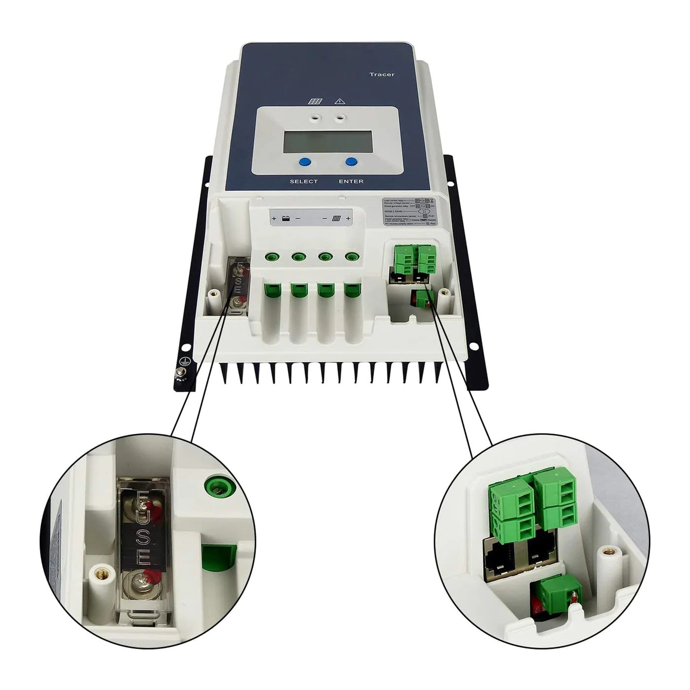ACOPOWER 60A MPPT Solar Charge Controller Fuse And Connector Side View