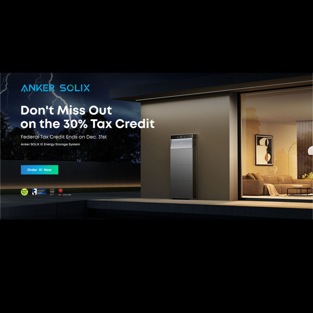 Advertisement for Anker SOLIX X1 Home Energy Storage System with a tax credit offer.