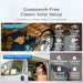 Advertisement for a solar setup system with images of a man working on a shed and another inside a classic trailer, along with text and icons indicating power requirements.