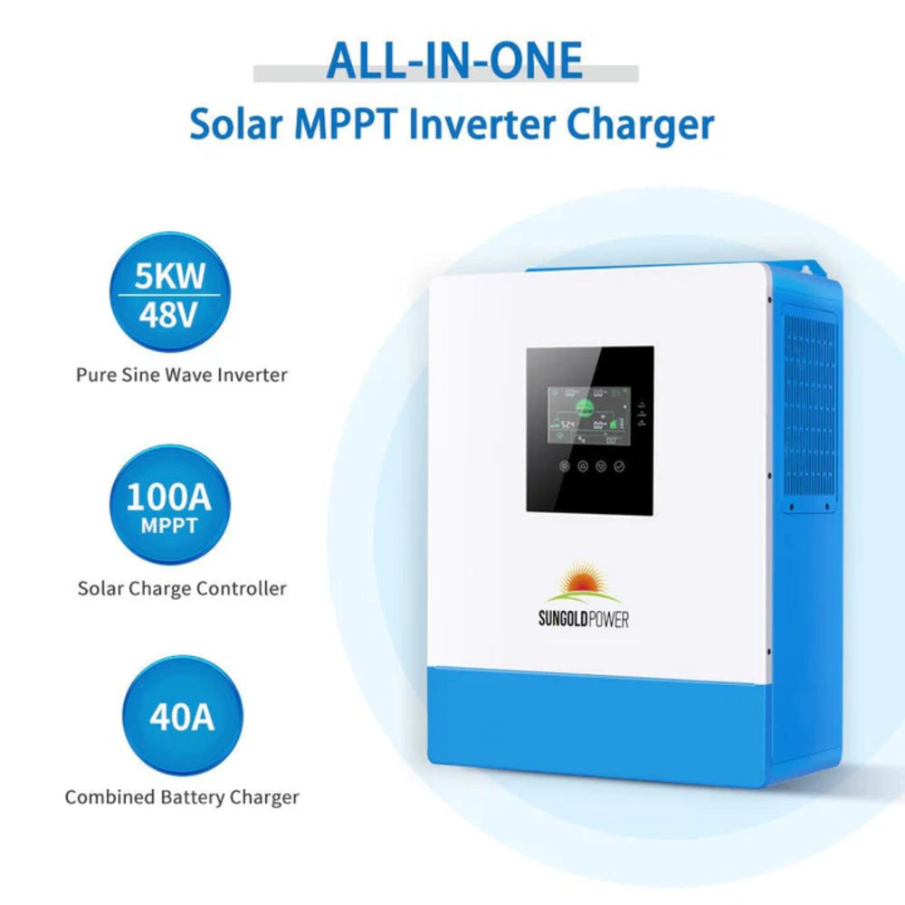 All-in-one solar MPPT inverter charger with specifications on a white background