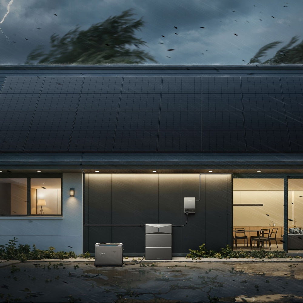 Anker Manual Home Backup Kit connected to Anker Tri-Fuel 5500 Smart Generator during bad weather 