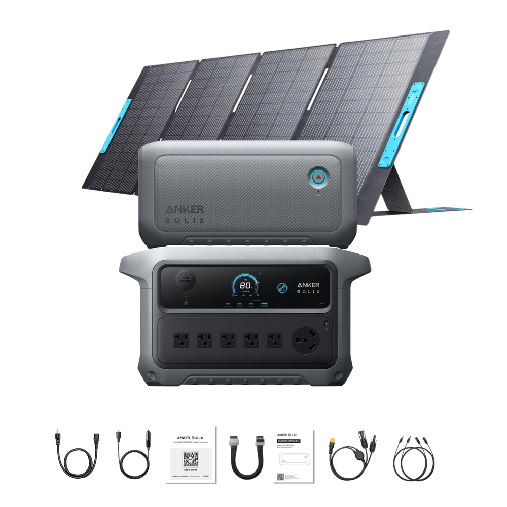 Anker SOLIX C2000 Gen 2 Portable Power Station, extra battery and 400W power station with accessories on a white background