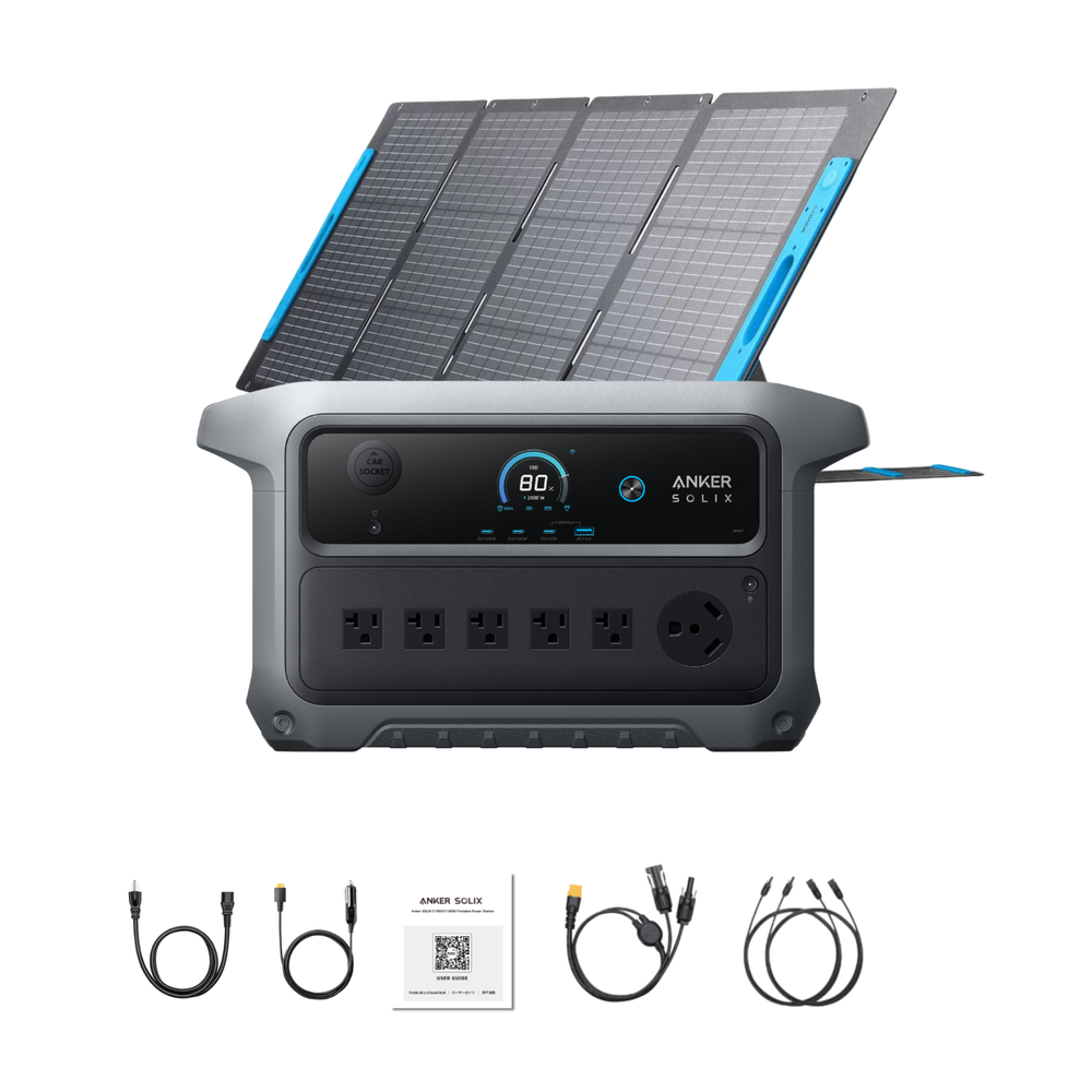 Anker SOLIX C2000 Gen 2 Portable Power Station with solar panel, power outlets, and cables on a white background