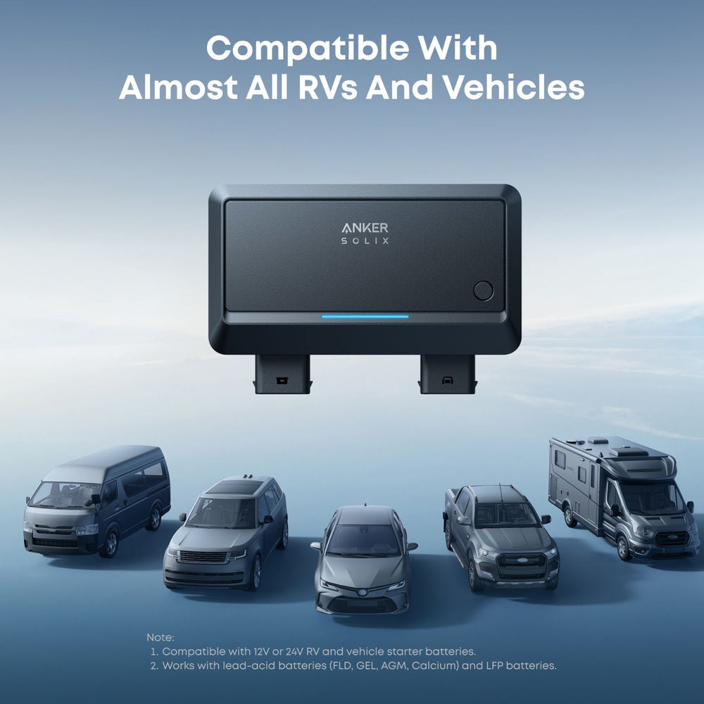 Anker SOLIX Car Alternator Charger with vehicles on a blue background