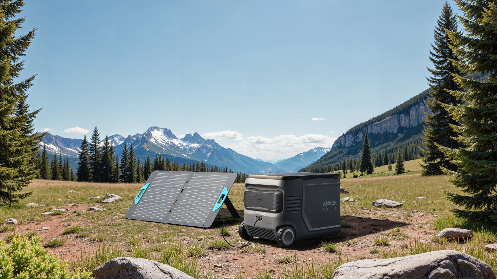 Anker SOLIX EverFrost 2 Electric Cooler 40L with a solar panel beside it