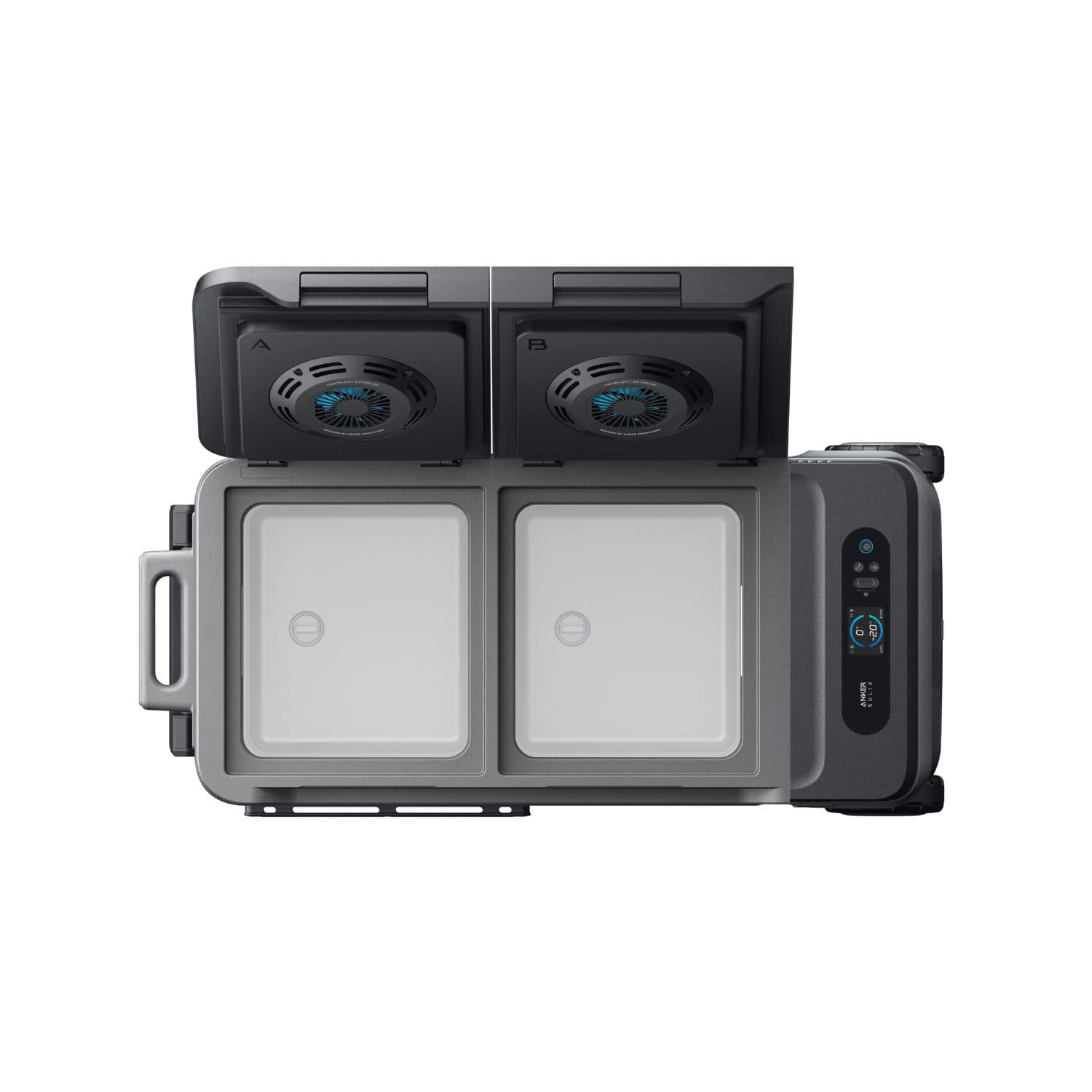 Anker SOLIX EverFrost 2 Electric Cooler 58L top view with open lid, showing the partition
