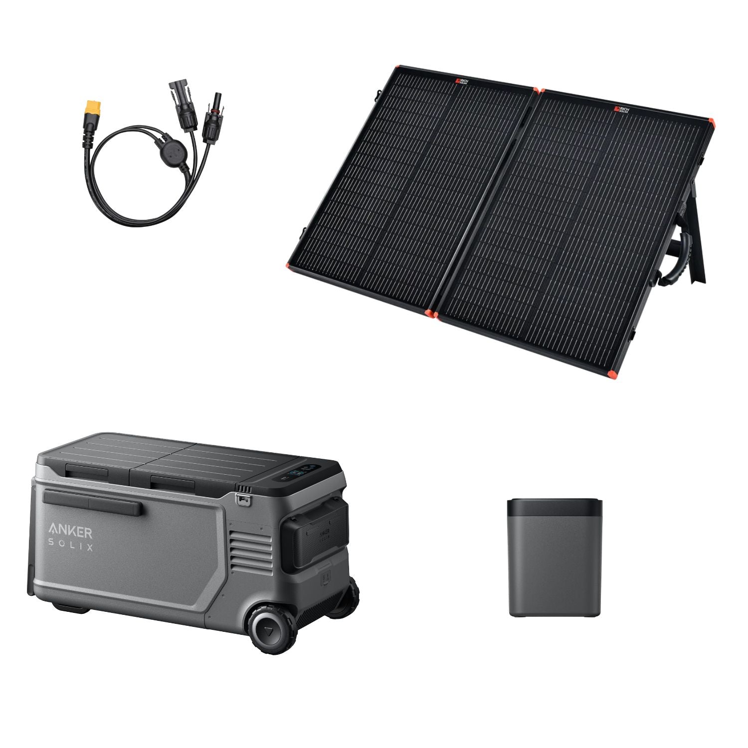 Anker SOLIX EverFrost 2 Electric Cooler 58L with removable battery, PS100 solar panel, and MC4 to XT60 cable