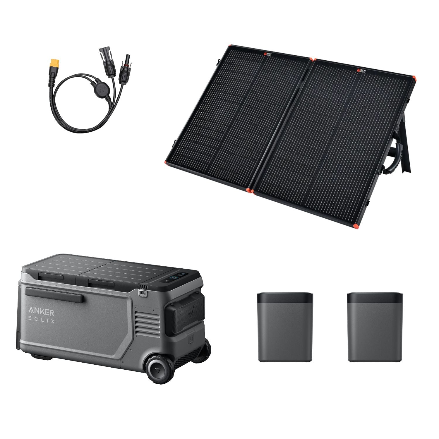 Anker SOLIX EverFrost 2 Electric Cooler 58L with two removable batteries, PS100 solar panel, and MC4 to XT60 cable