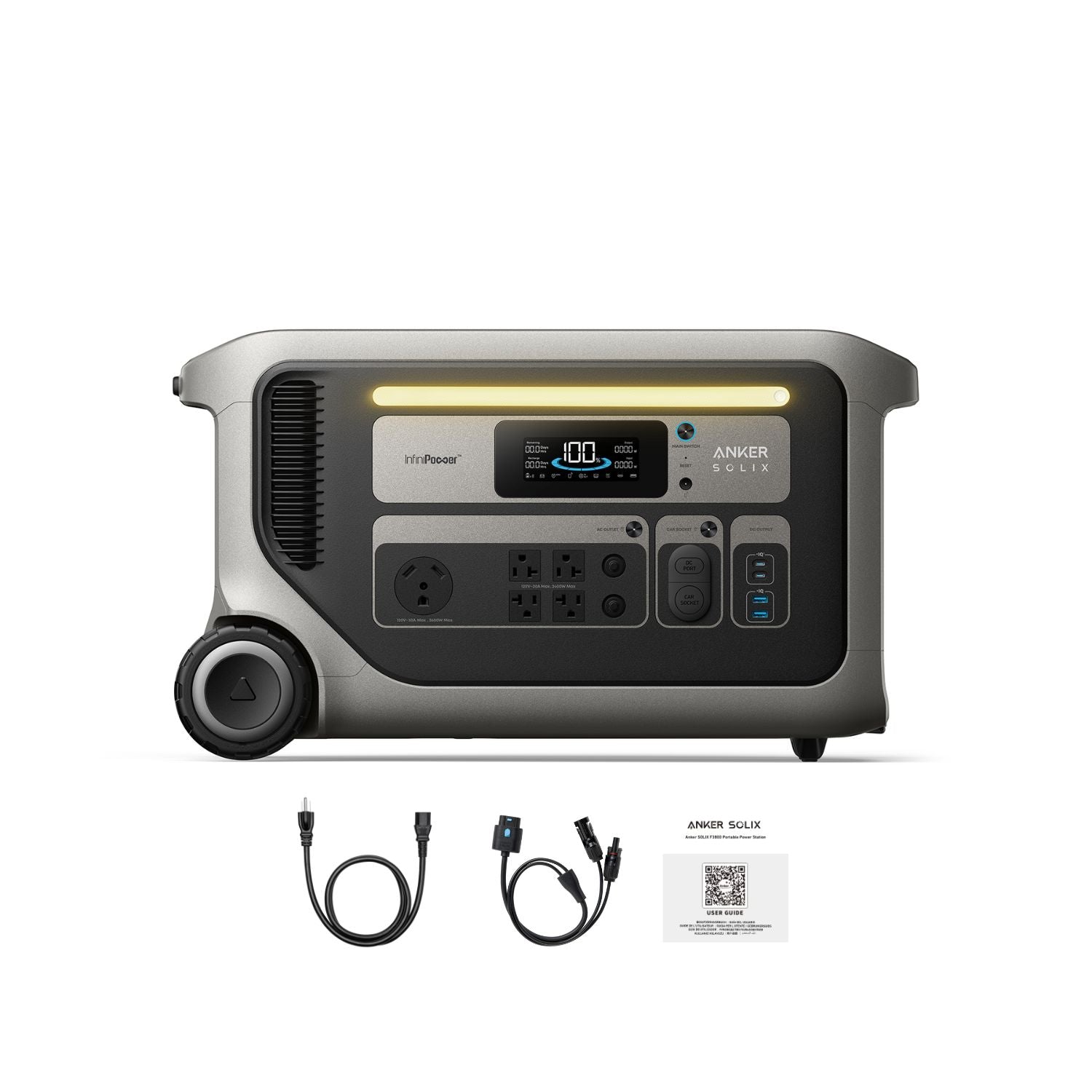 Anker SOLIX F3000 Portable Power Station Front View With Cables And Product Manual