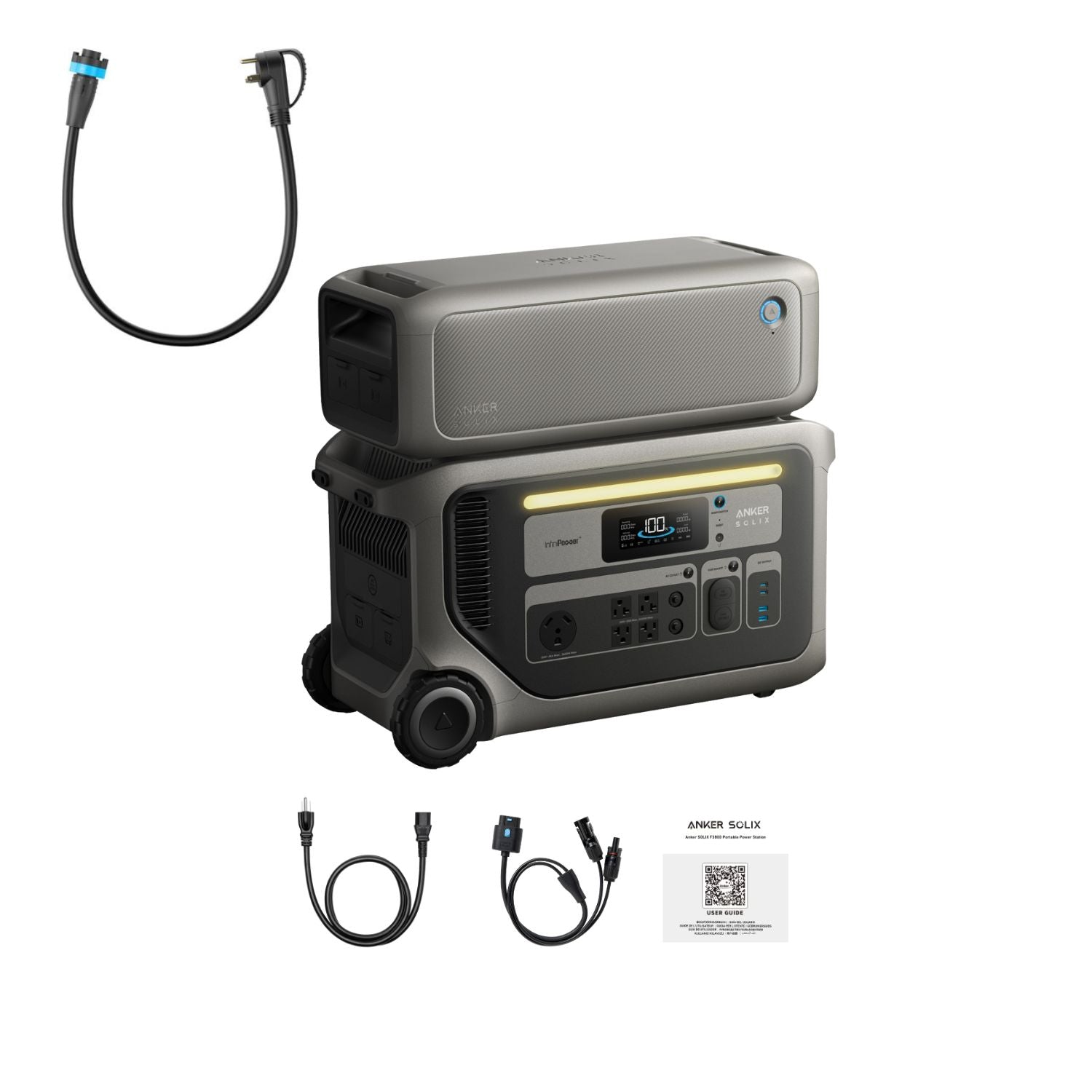 Anker SOLIX F3000 Portable Power Station with cables, one free cable, product manual, and extra battery