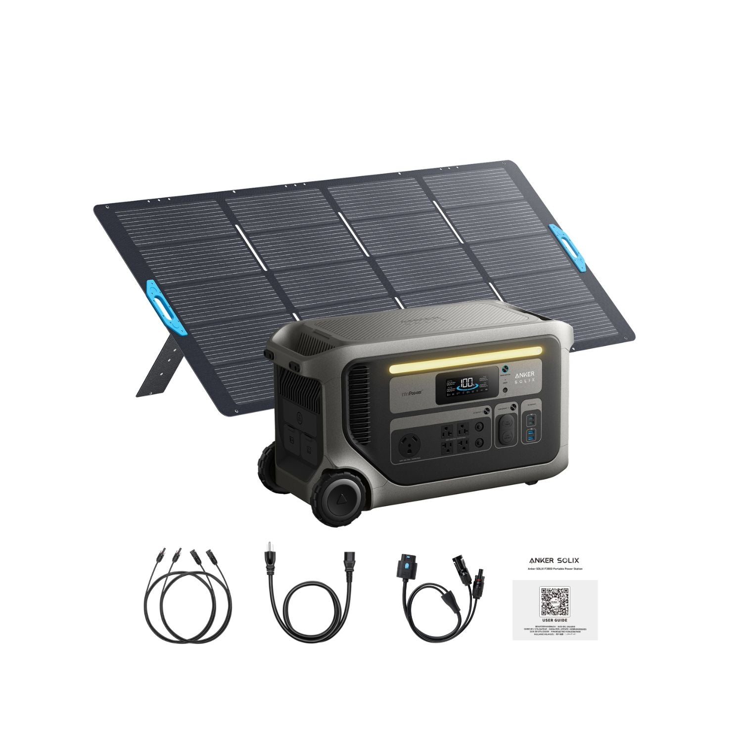 Anker SOLIX F3000 Portable Power Station with cables, product manual, and solar panel