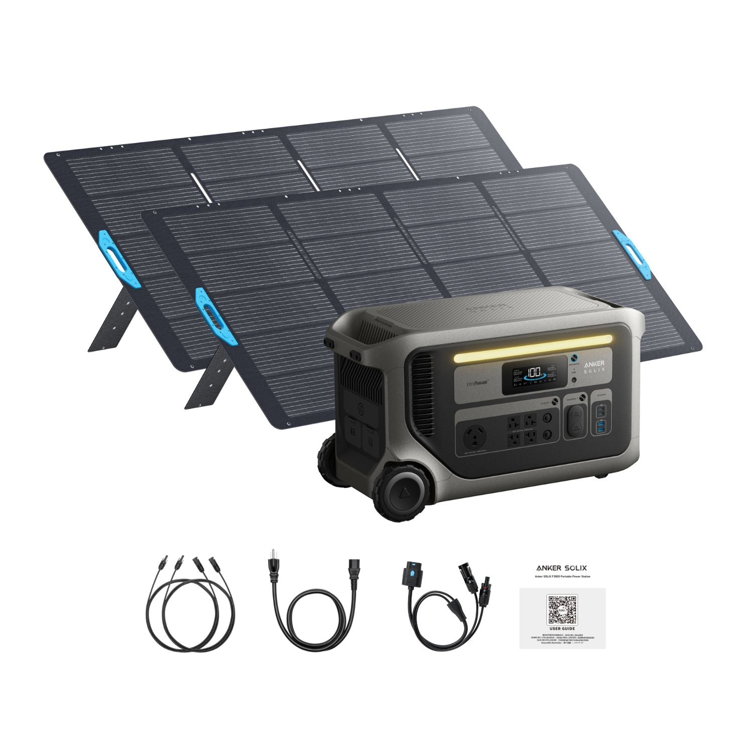 Anker SOLIX F3000 Portable Power Station with cables, product manual, and two solar panels