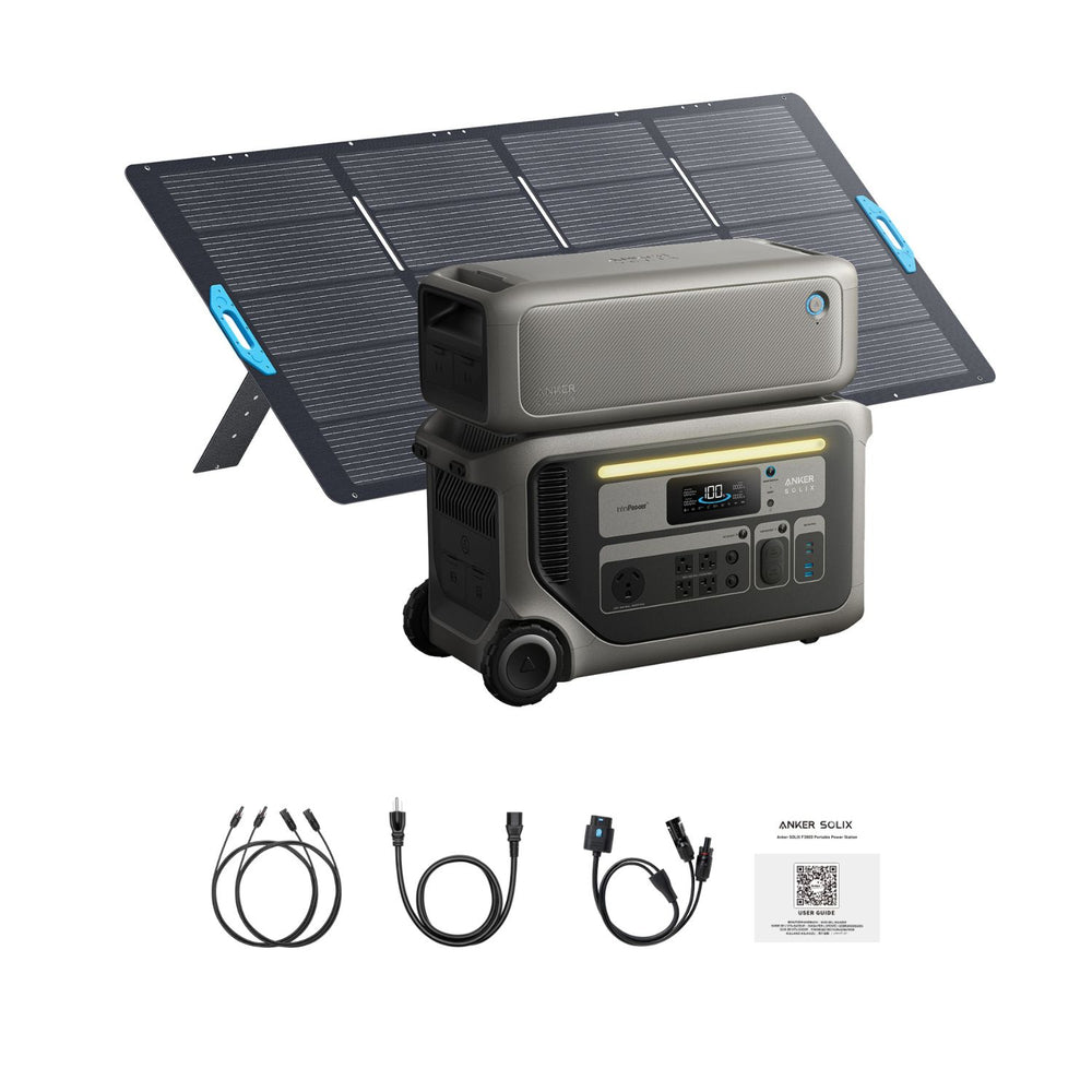 Anker SOLIX F3000 Portable Power Station with extra battery, cables, product manual, and solar panel
