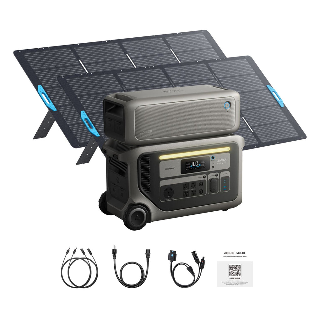 Anker SOLIX F3000 Portable Power Station with extra battery, cables, product manual, and two solar panels