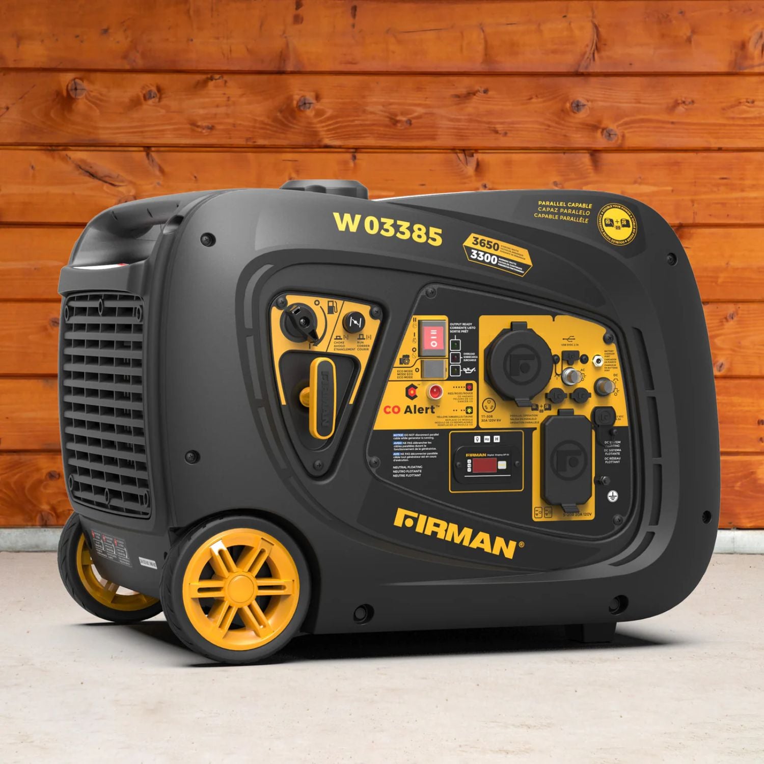 Anker SOLIX F3000 with the Firman W03385 - Premium Kit  with yellow and black design against a wooden background