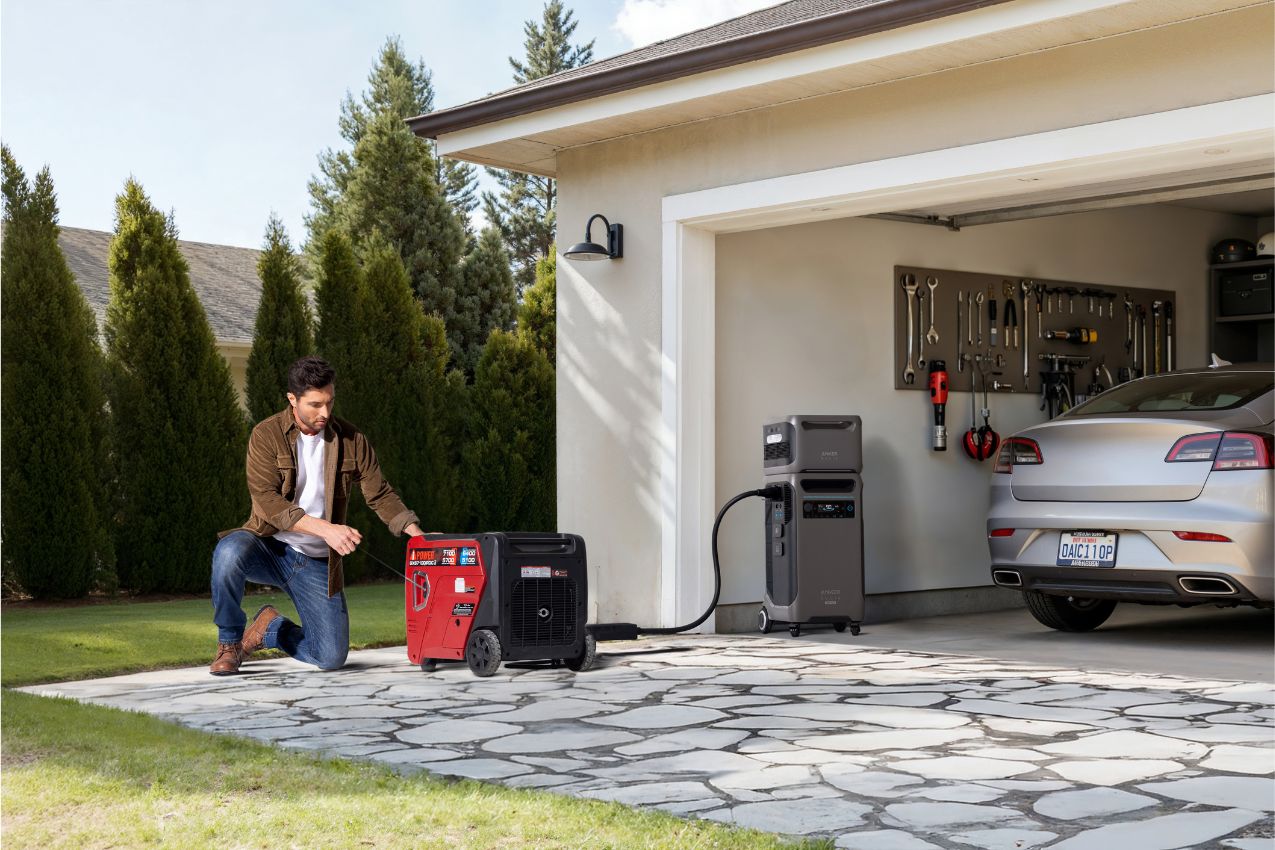 Anker SOLIX F3800 Plus Power Station beside a car with a man using a generator