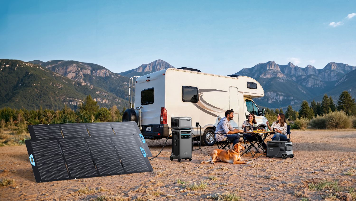 Anker SOLIX F3800 Plus Power Station connected to two solar panels with three people beside a camping chair