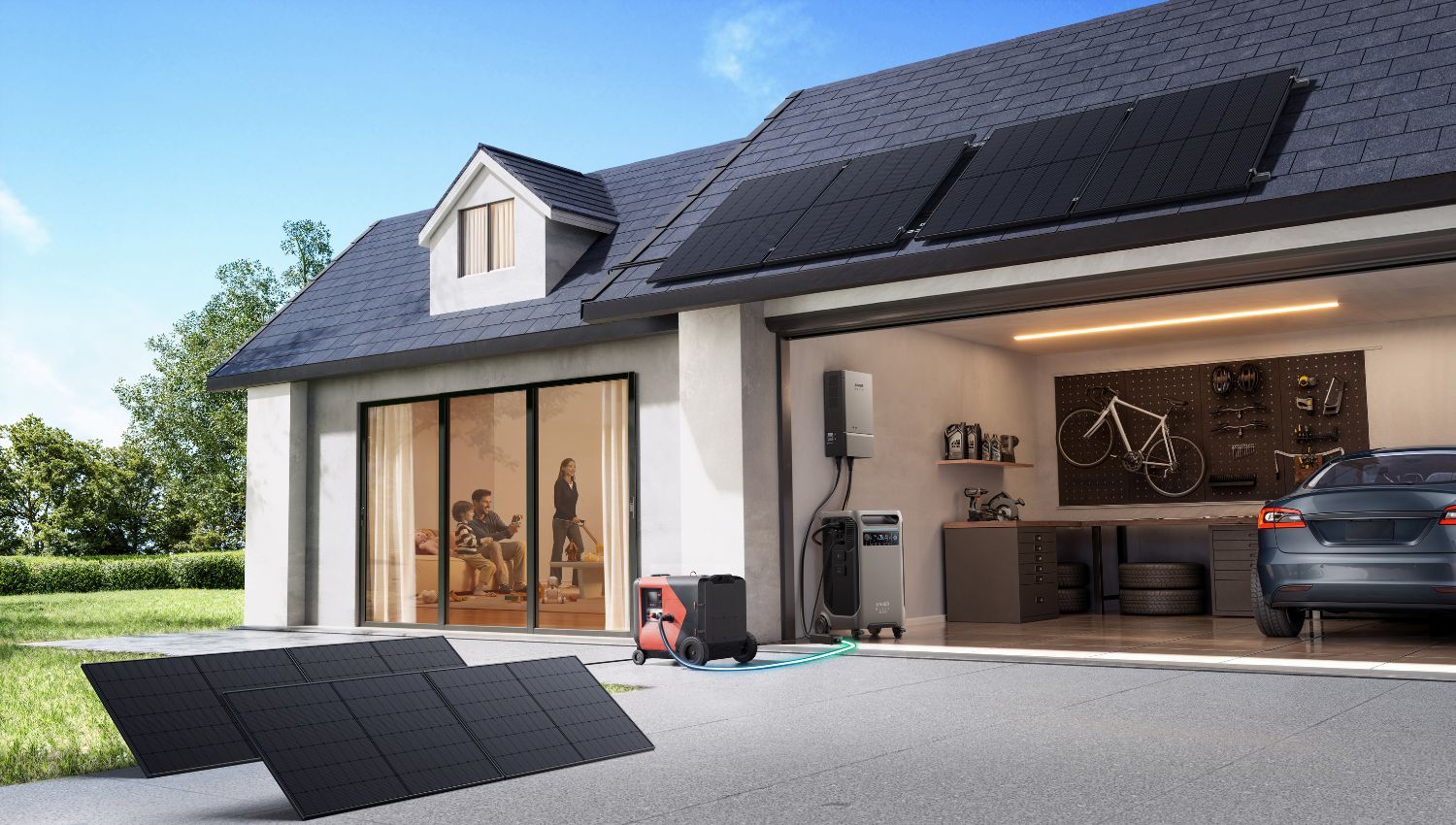 Anker SOLIX F3800 Plus Power Station in a garage connected to two solar panels
