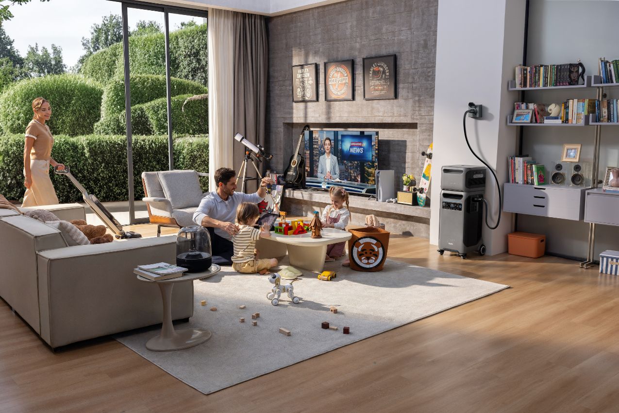 Anker SOLIX F3800 Plus Power Station with four people watching TV
