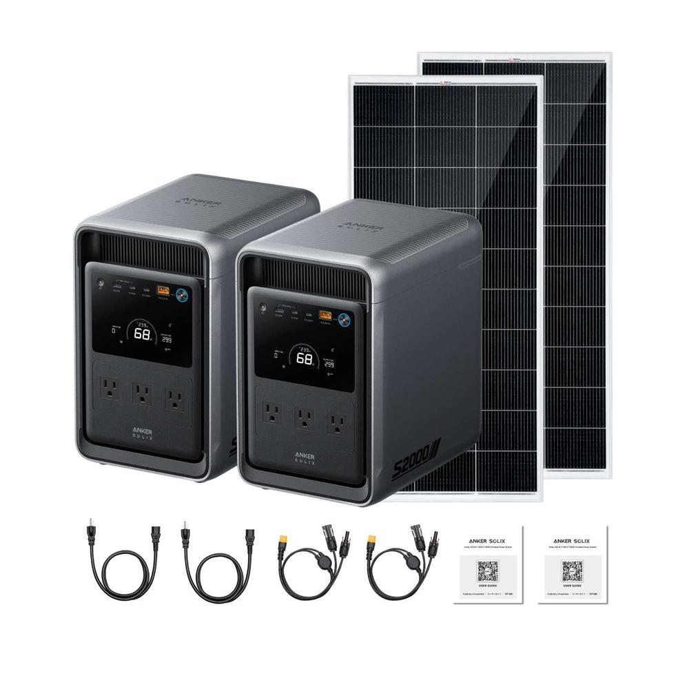 Two Anker SOLIX S2000 Power Stations With Two 200 Watt Rigid Solar Panels