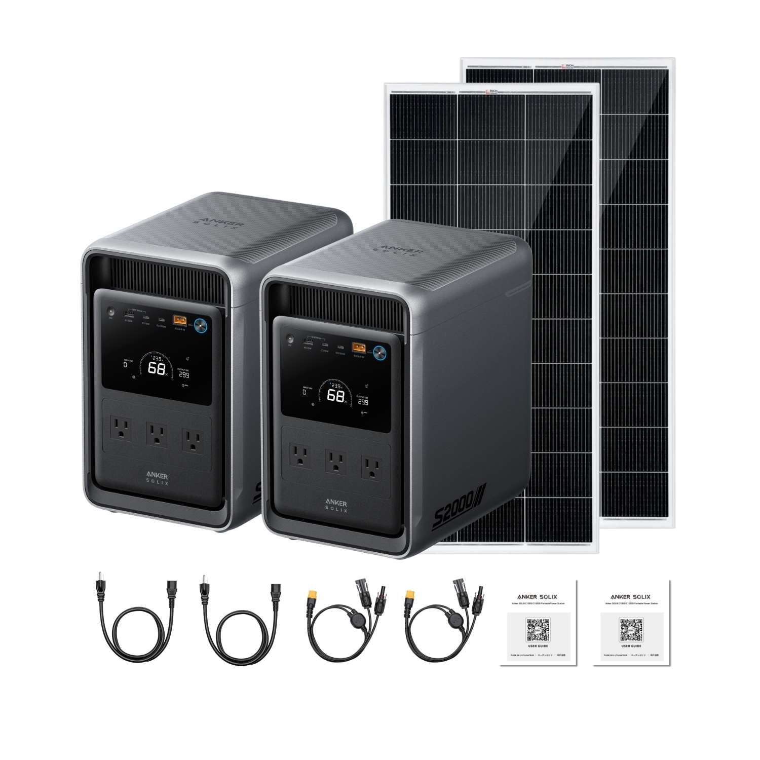 Two Anker SOLIX S2000 Power Stations With Two 200 Watt Rigid Solar Panels