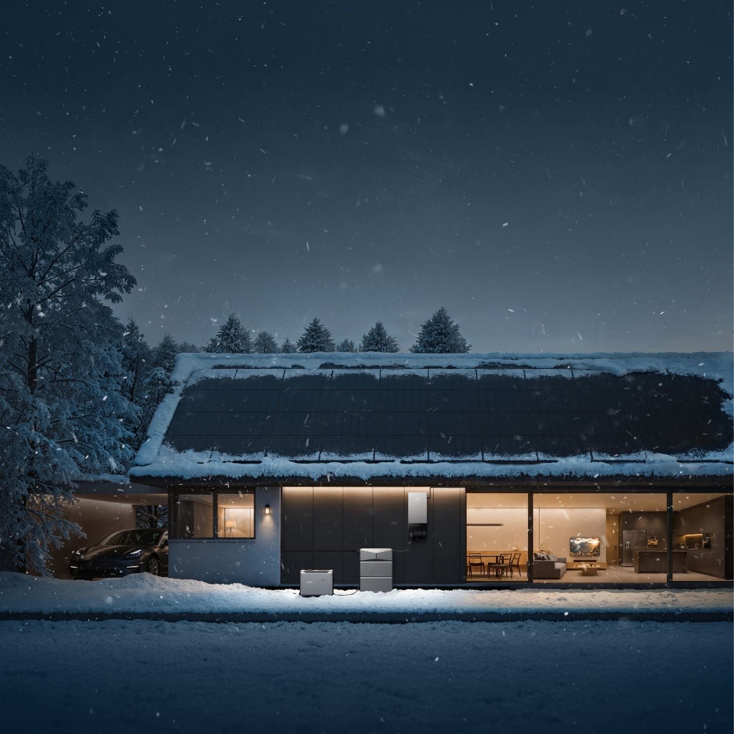 Anker Smart Home Backup Kit connected to Anker Tri-Fuel 5500 Smart Generator during heavy snow