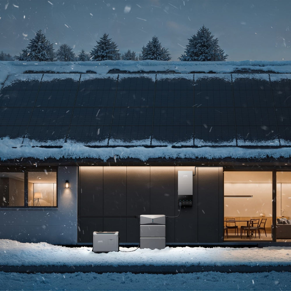 Anker Smart Home Backup Kit connected to Anker Tri-Fuel 5500 Smart Generator during snow 