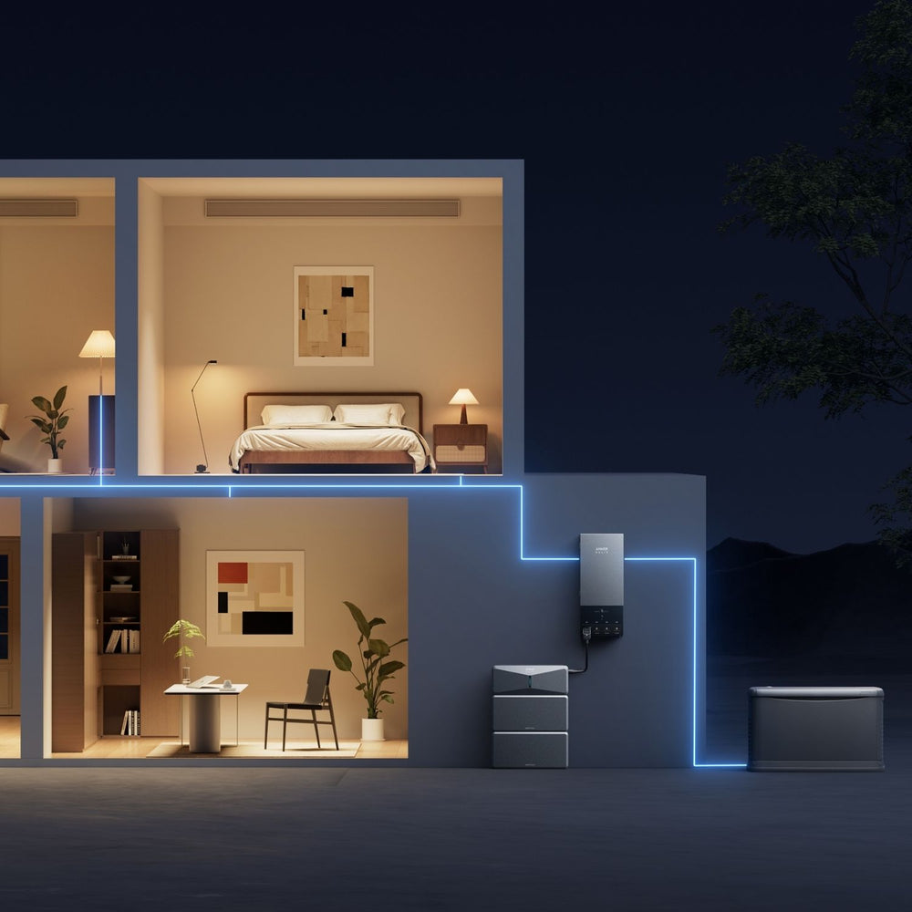 Anker Smart Home Backup Kit outside the house wall connected to different appliances