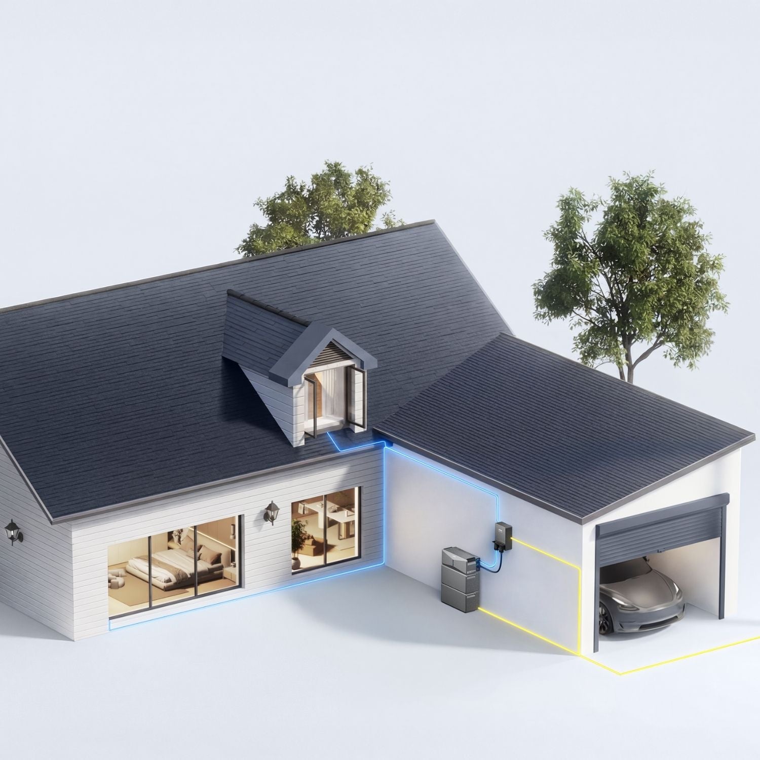 Anker Smart Home Backup Kit outside the house wall connected to different appliances including garage
