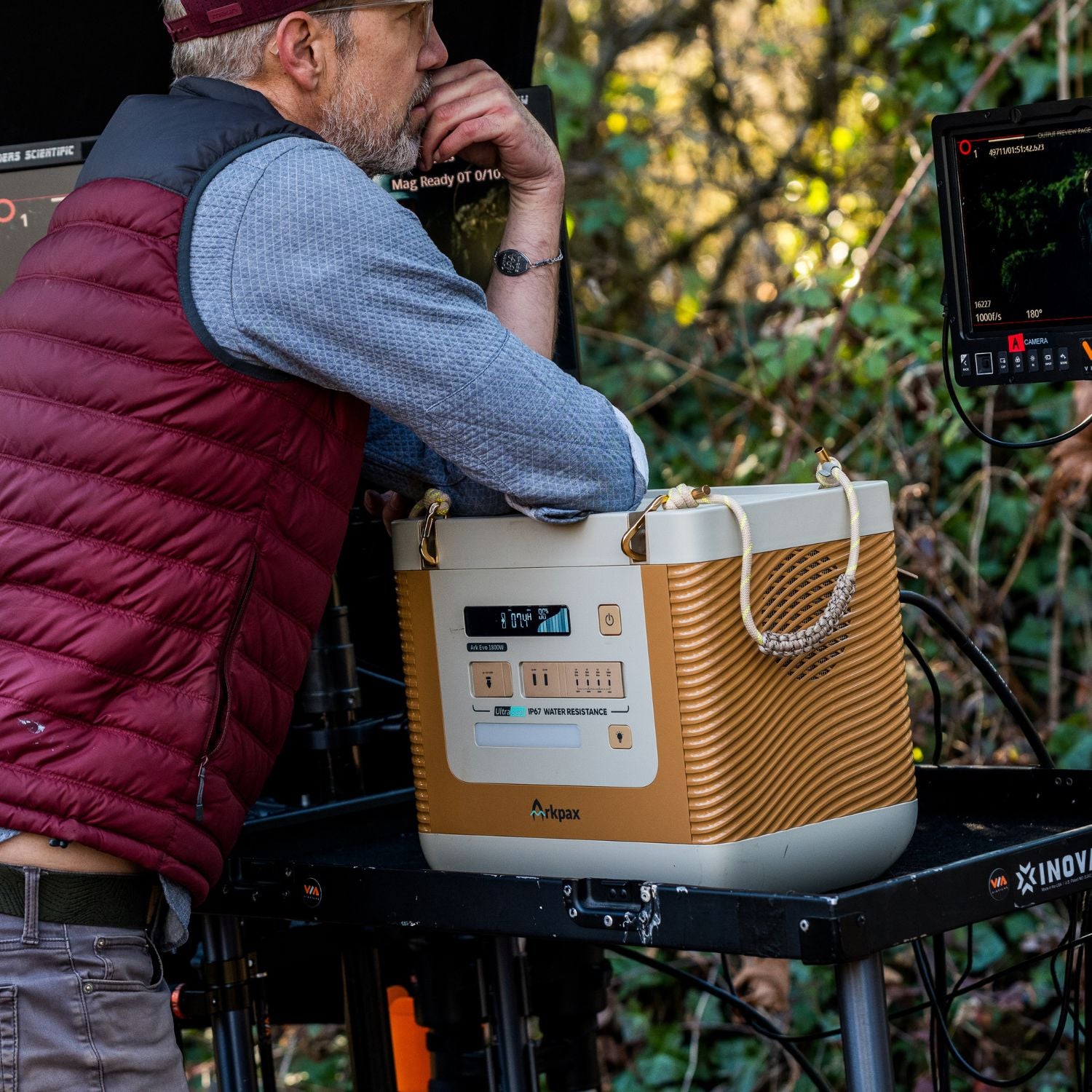 Arkpax Ark Evo Portable Power Station powering equipment during taping work