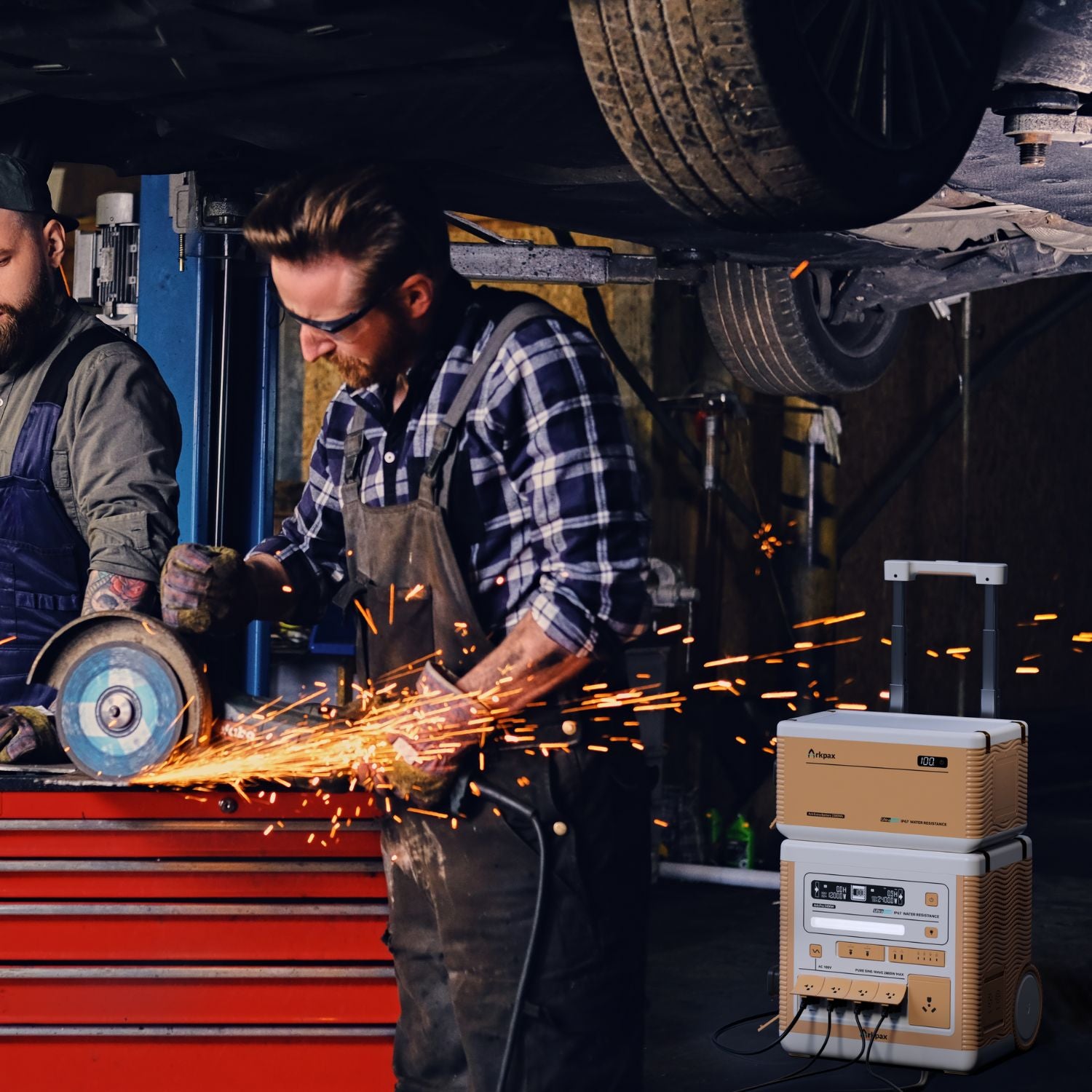 Arkpax Ark Pro portable power station powering a man cutting metal