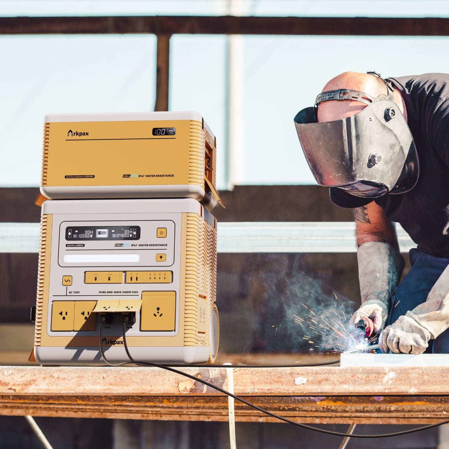 Arkpax Ark Pro portable power station powering a welding rod in use