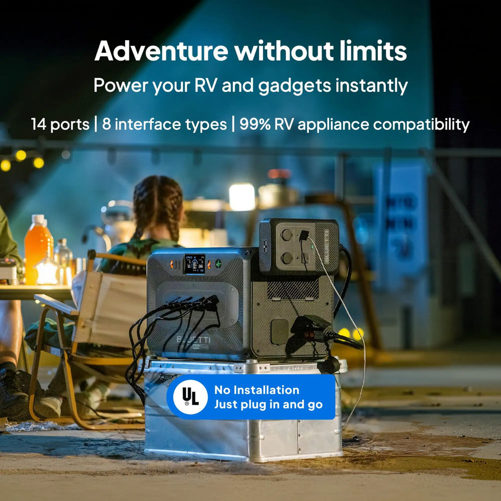 BLUETTI Apex 300 Versatile Power Station with text about RV compatibility and convenience