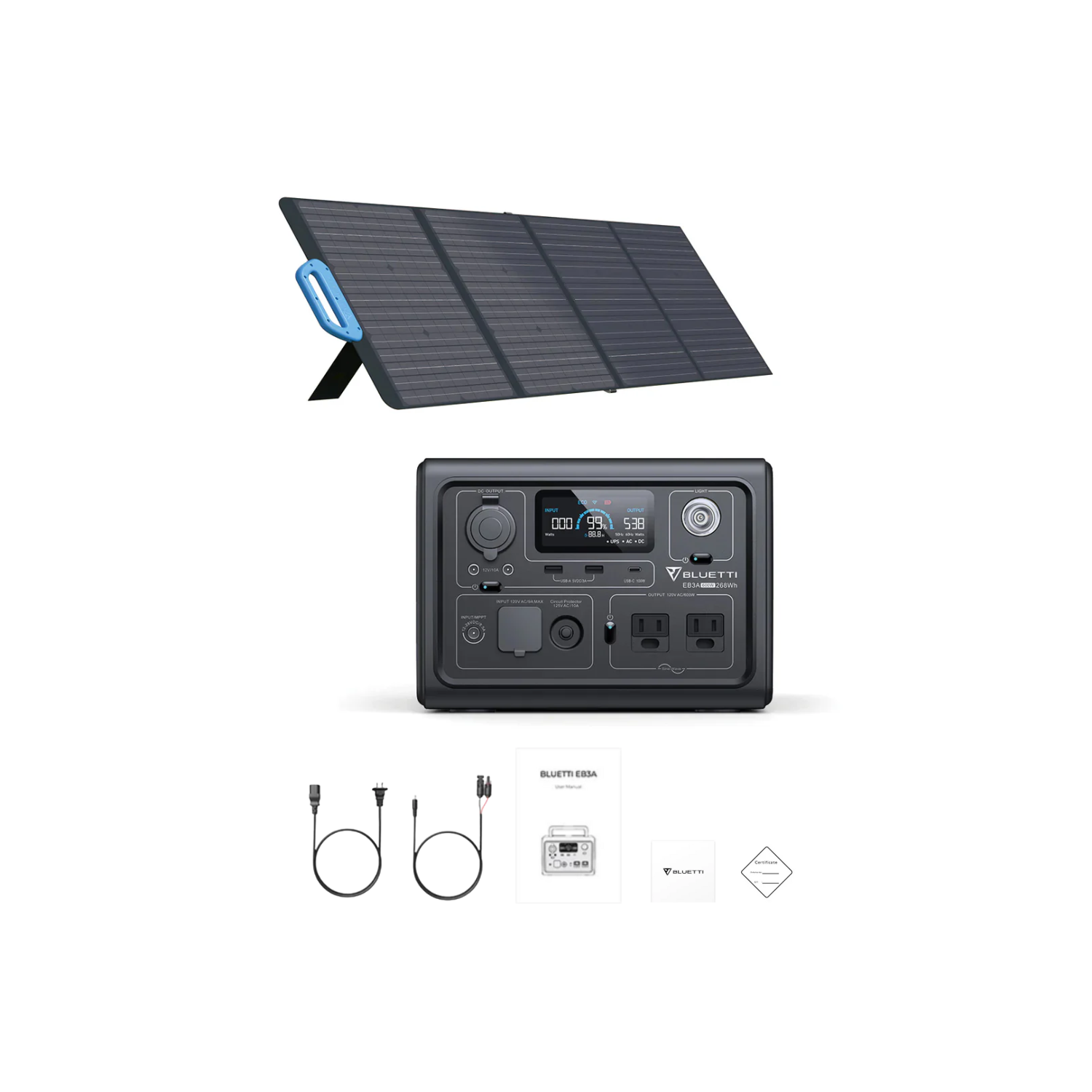 BLUETTI EB3A Portable Power Station + 1 x PV120 Portable Solar Panel Inclusions