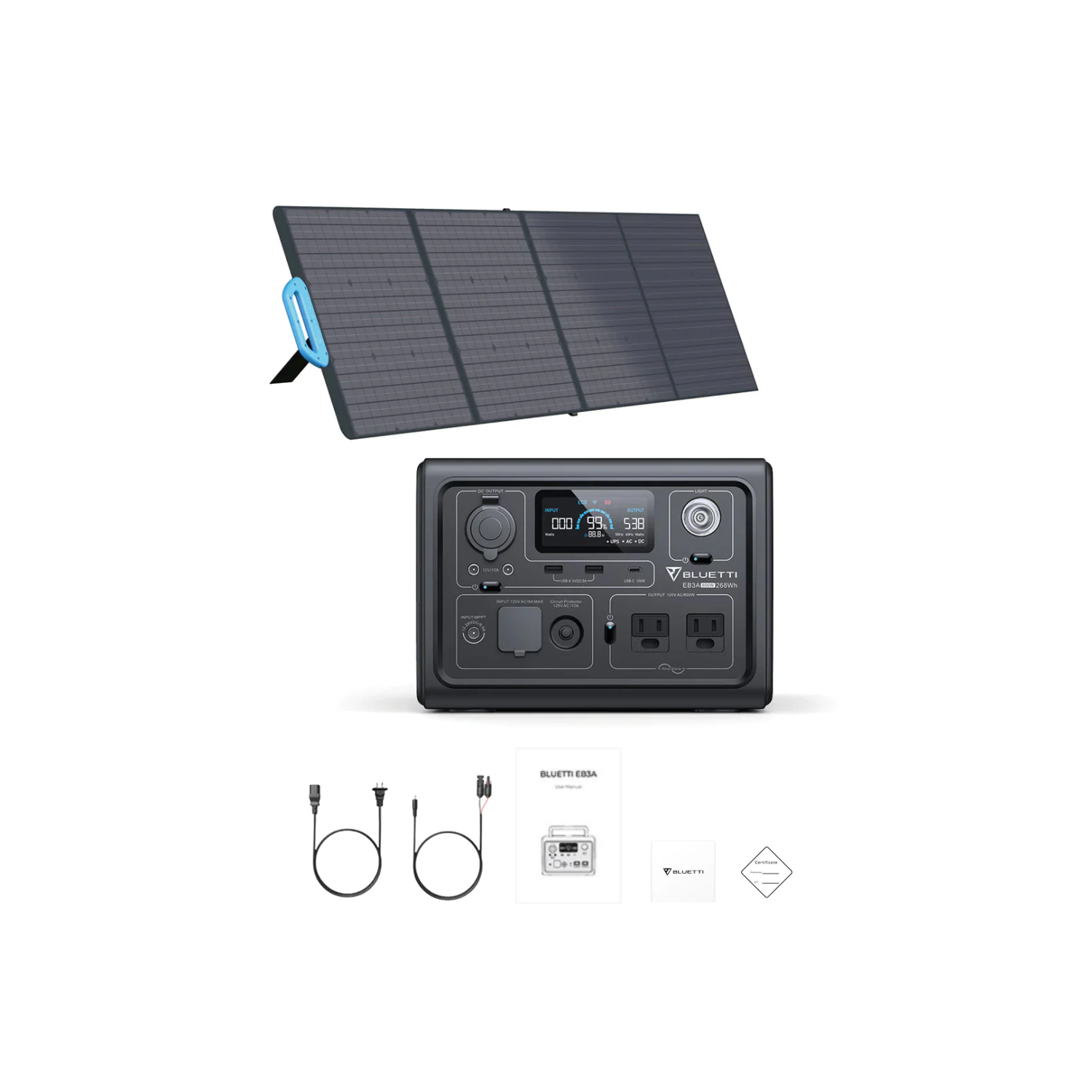 BLUETTI EB3A Portable Power Station + 1 x PV200 Portable Solar Panel Inclusions