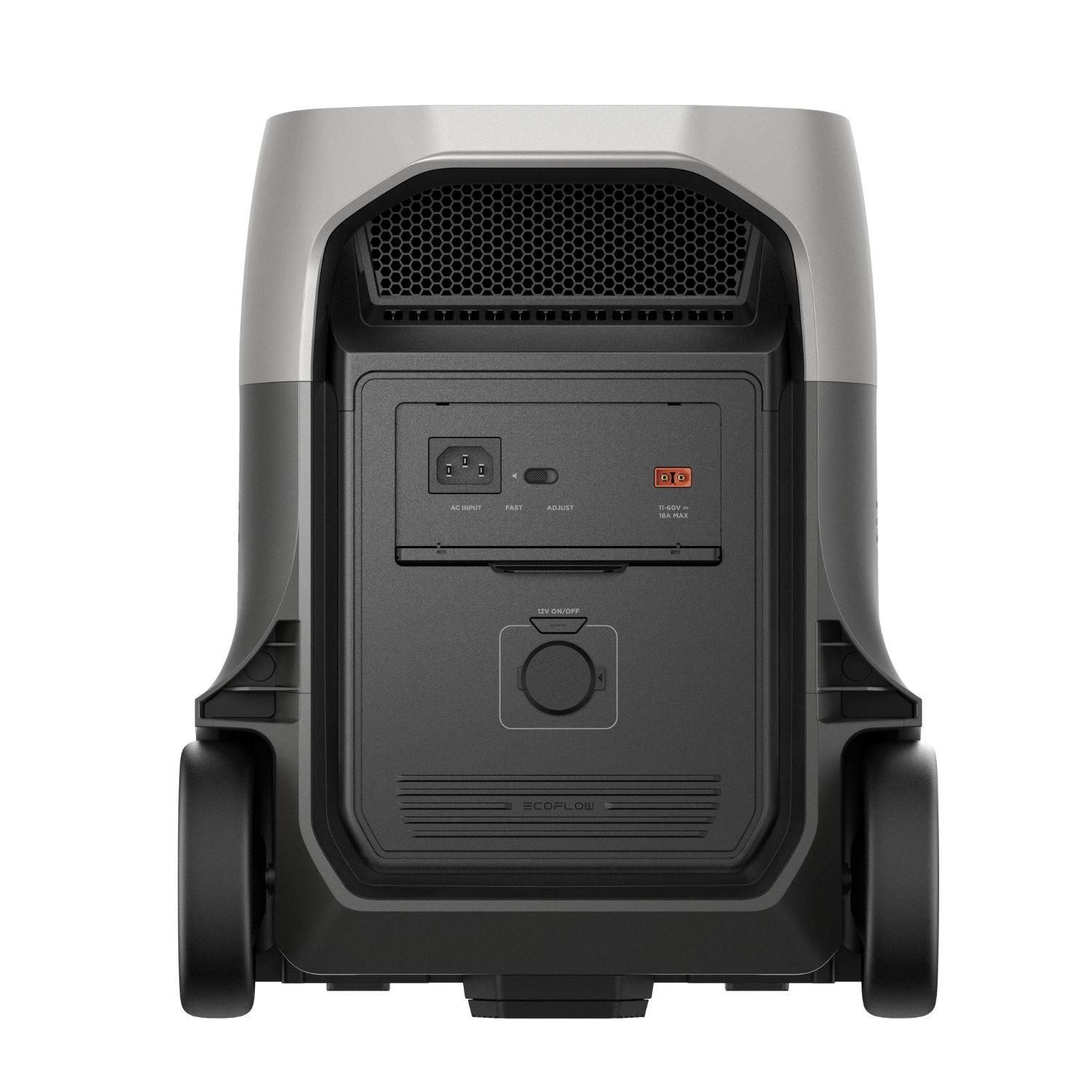 Back view of a EcoFlow DELTA 3 Ultra Portable Power Station with control panel on a white background