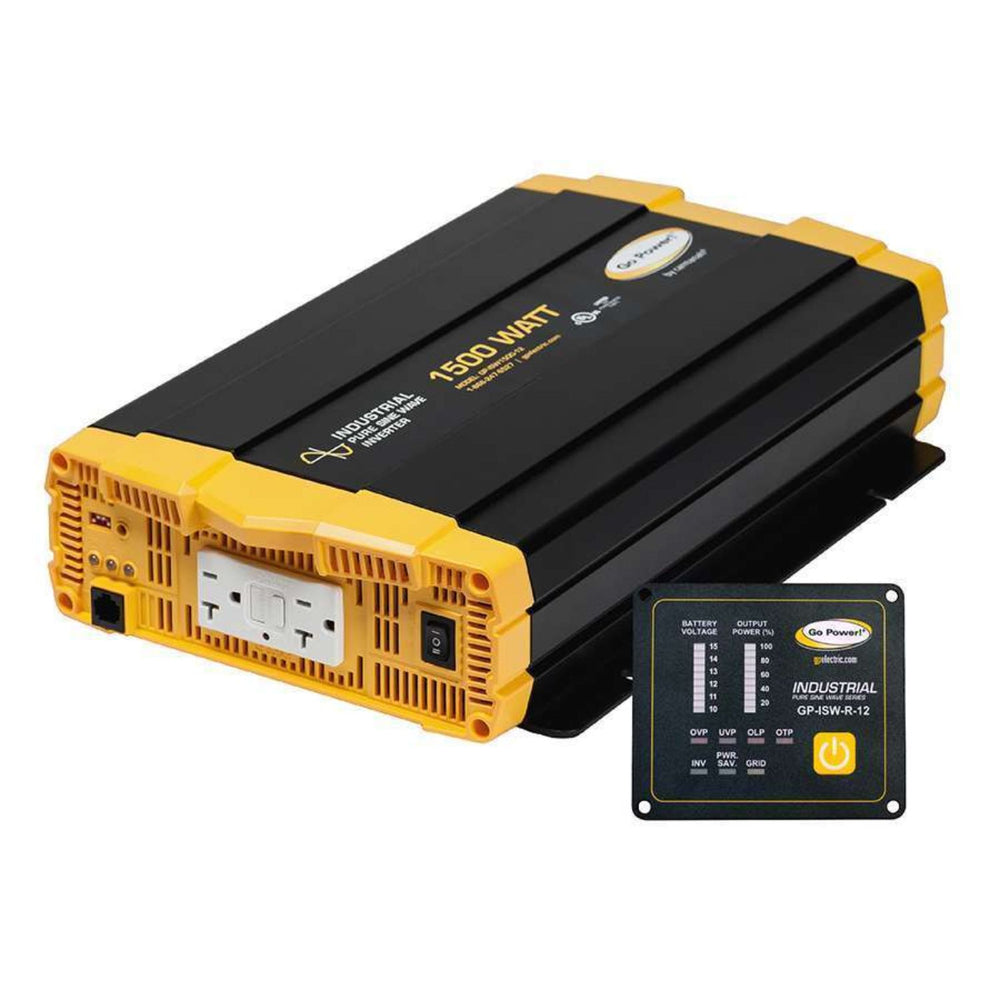 Black and yellow power inverter with a control panel on a white background