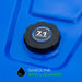Blue gasoline container with a black cap displaying '7.1 gallon capacity' and 'Gasoline Spill Guard'