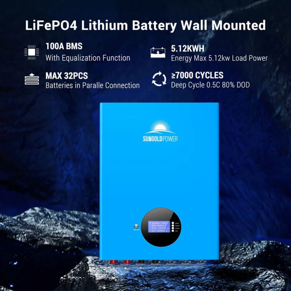 Blue lithium battery with technical specifications on a dark background