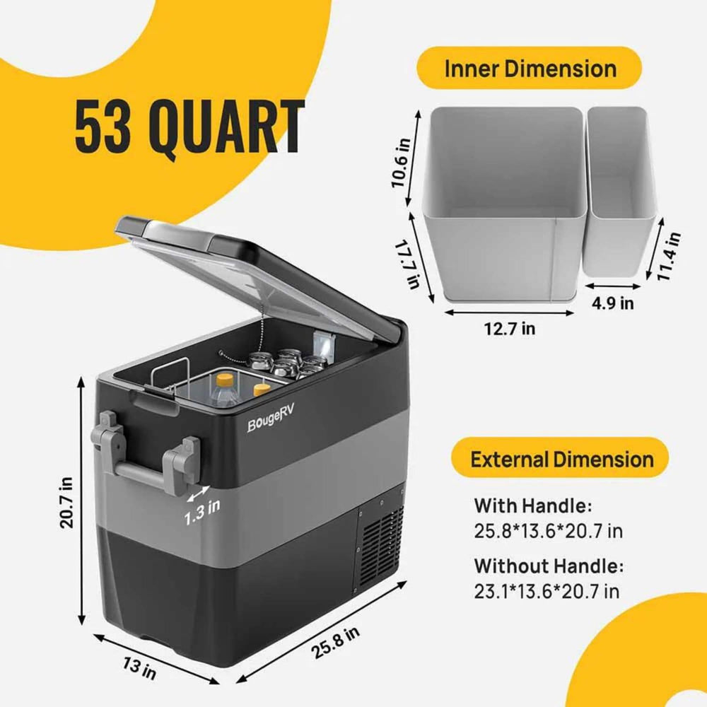 BougeRV 12V Portable Fridge 53 Quart Dimension