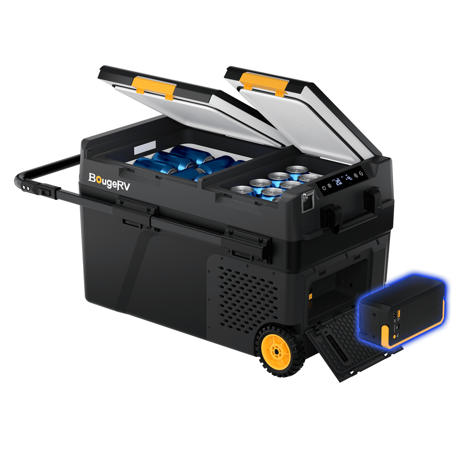 BougeRV New CRD2 V2.0 43QT Dual Zone 12V Portable Fridge with battery attached aside